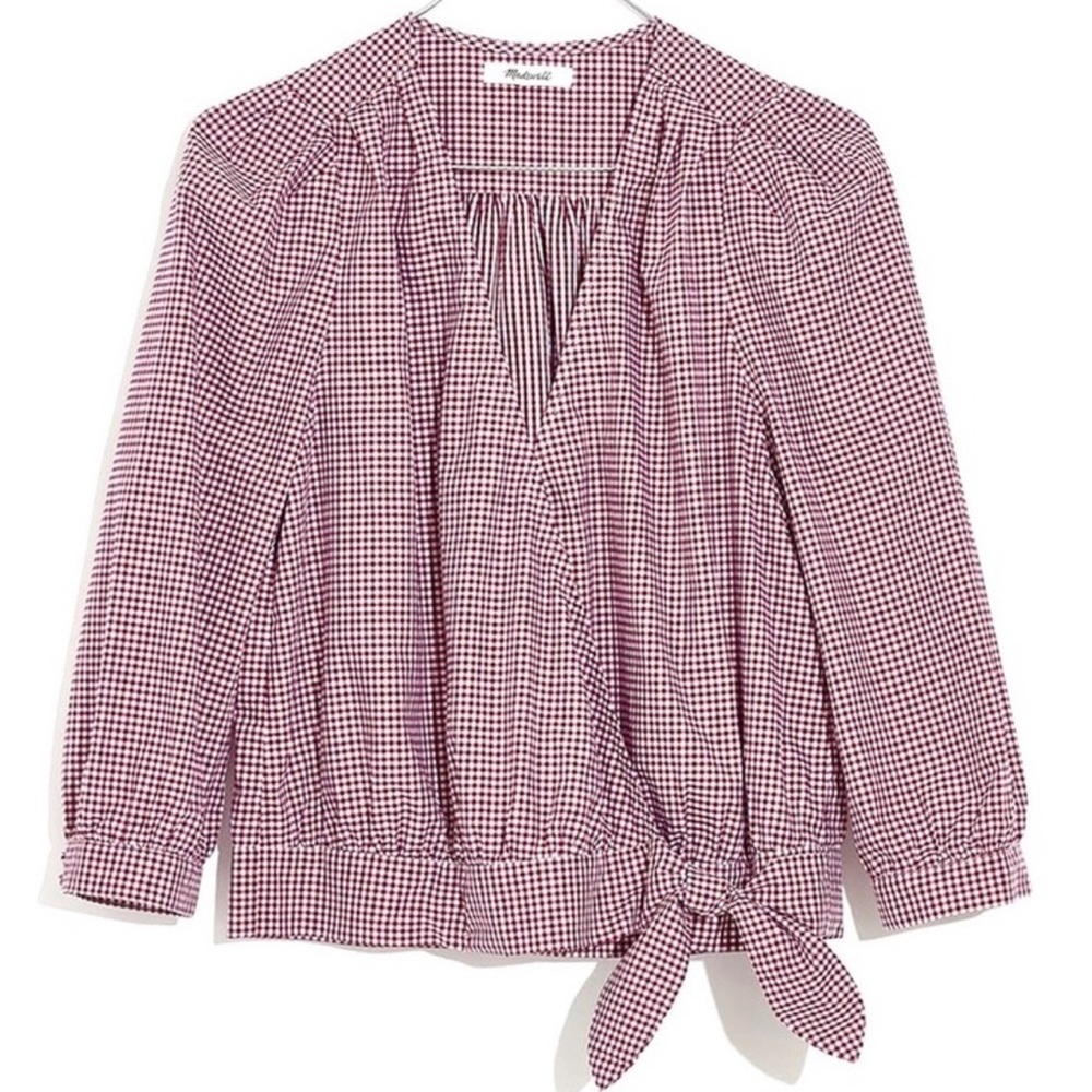 MADEWELL Maroon Ecru Gingham Check Tie Front Wrap Top M NWT